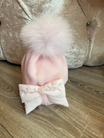AW Bimbalò Pink Bow Hat with Fur Pom Pom