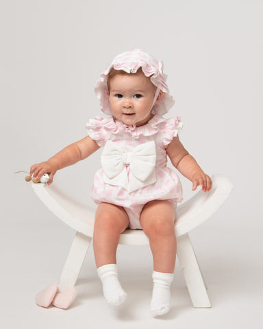SS23 Caramelo Pink Chrcked Heart Romper with Sunhat